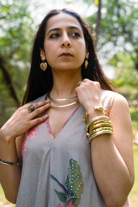 Shop Raiman Grey Cotton Hand Embroidery Thread V-neck Boho Villea Painted Dress Shop_Raiman_Grey Cotton Hand Embroidery Thread V-neck Boho Villea Painted Dress