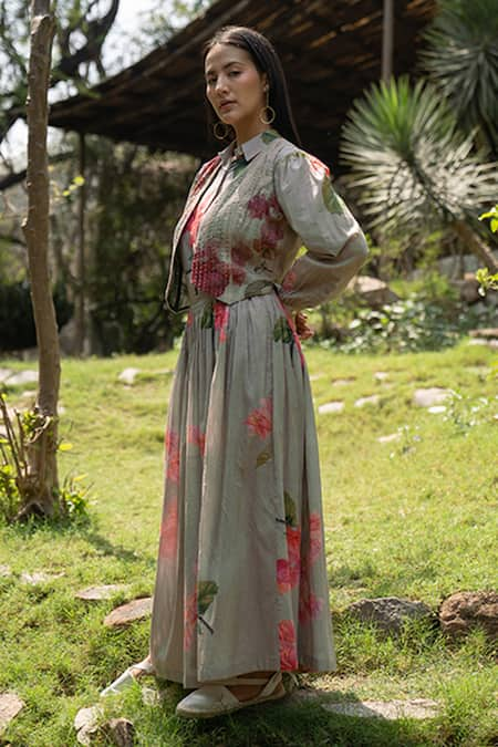 Raiman Grey Cotton Hand Embroidery Thread Shirt Boho Villea Vintage And Skirt Set 