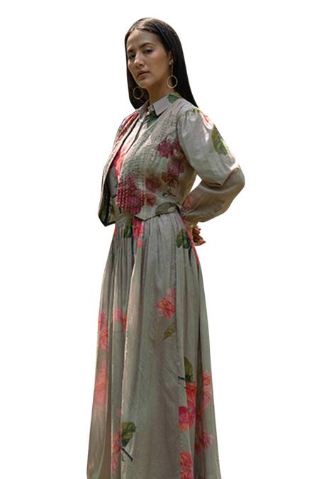 Shop_Raiman_Grey Cotton Hand Embroidery Thread Shirt Boho Villea Vintage And Skirt Set _Online_at_Aza_Fashions