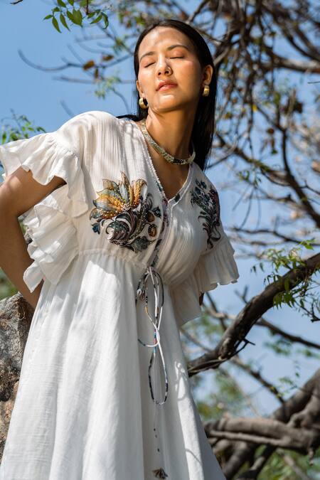 Raiman Off White Cotton Print Floral V-neck Asymmetric Patchwork Dress Online at Aza Fashions Raiman_Off White Cotton Print Floral V-neck Asymmetric Patchwork Dress _Online_at_Aza_Fashions