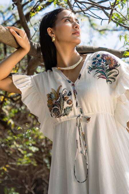 Buy Raiman Off White Cotton Print Floral V-neck Asymmetric Patchwork Dress Online at Aza Fashions Buy_Raiman_Off White Cotton Print Floral V-neck Asymmetric Patchwork Dress _Online_at_Aza_Fashions