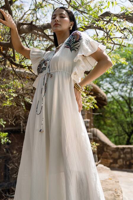 Shop Raiman Off White Cotton Print Floral V-neck Asymmetric Patchwork Dress Online at Aza Fashions Shop_Raiman_Off White Cotton Print Floral V-neck Asymmetric Patchwork Dress _Online_at_Aza_Fashions