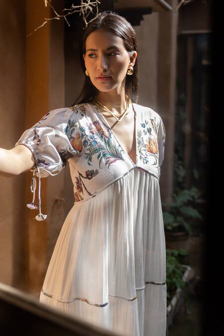 Buy_Raiman_Off White Cotton Print Floral V-neck Tiered Dress _Online_at_Aza_Fashions