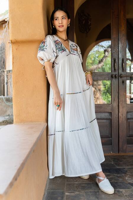 Raiman_Off White Cotton Print Floral V-neck Tiered Dress _at_Aza_Fashions