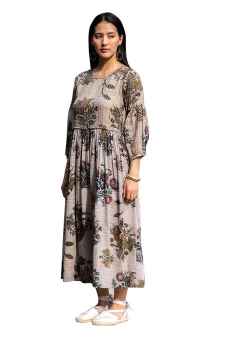 Raiman_Grey Cotton Hand Paint Floral Round Vinta Mallow Print Dress _Online_at_Aza_Fashions