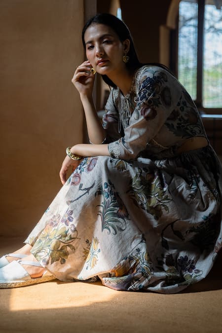 Raiman Grey Cotton Print Floral Round Vintage Naomi Embroidered Dress Online at Aza Fashions Raiman_Grey Cotton Print Floral Round Vintage Naomi Embroidered Dress _Online_at_Aza_Fashions