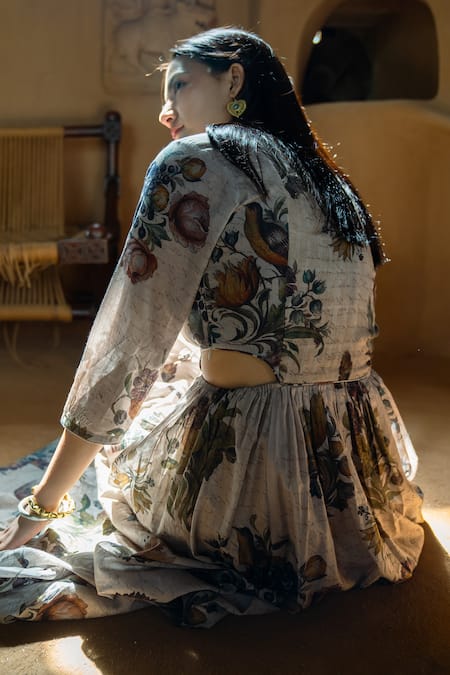 Shop Raiman Grey Cotton Print Floral Round Vintage Naomi Embroidered Dress Online at Aza Fashions Shop_Raiman_Grey Cotton Print Floral Round Vintage Naomi Embroidered Dress _Online_at_Aza_Fashions