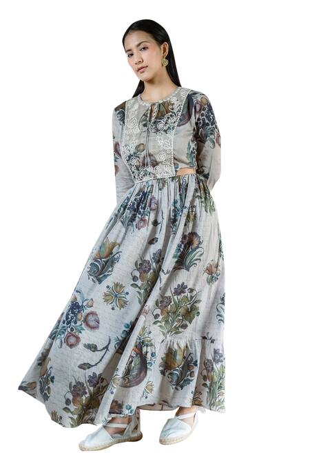 Raiman Grey Cotton Print Floral Round Vintage Naomi Embroidered Dress at Aza Fashions Raiman_Grey Cotton Print Floral Round Vintage Naomi Embroidered Dress _at_Aza_Fashions