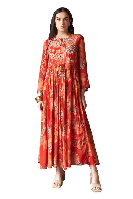 Buy Archana Shah Red Embroidery, Sequins Round Neck Moroccan Floral Print Maxi Dress Buy_Archana Shah_Red Embroidery, Sequins Round Neck Moroccan Floral Print Maxi Dress