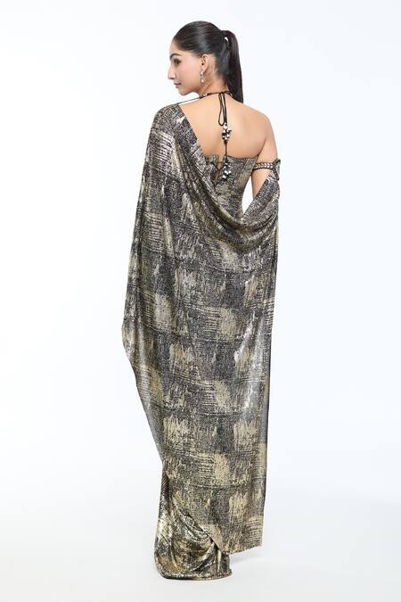 Shop Tarun Tahiliani Black Tulle, Faux Leather Crystals Draped Concept Saree With Embellished Corset at Aza Fashions Shop_Tarun Tahiliani_Black Tulle, Faux Leather Crystals Draped Concept Saree With Embellished Corset_at_Aza_Fashions