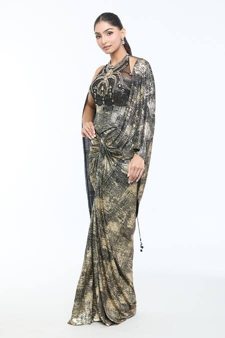 Tarun Tahiliani Black Tulle, Faux Leather Crystals Draped Concept Saree With Embellished Corset Online at Aza Fashions Tarun Tahiliani_Black Tulle, Faux Leather Crystals Draped Concept Saree With Embellished Corset_Online_at_Aza_Fashions
