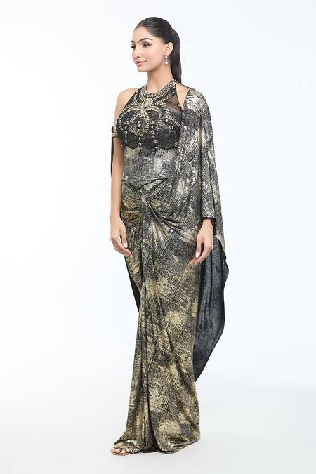 Buy Tarun Tahiliani Black Tulle, Faux Leather Crystals Draped Concept Saree With Embellished Corset Online at Aza Fashions Buy_Tarun Tahiliani_Black Tulle, Faux Leather Crystals Draped Concept Saree With Embellished Corset_Online_at_Aza_Fashions