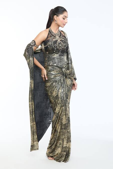 Shop Tarun Tahiliani Black Tulle, Faux Leather Crystals Draped Concept Saree With Embellished Corset Online at Aza Fashions Shop_Tarun Tahiliani_Black Tulle, Faux Leather Crystals Draped Concept Saree With Embellished Corset_Online_at_Aza_Fashions