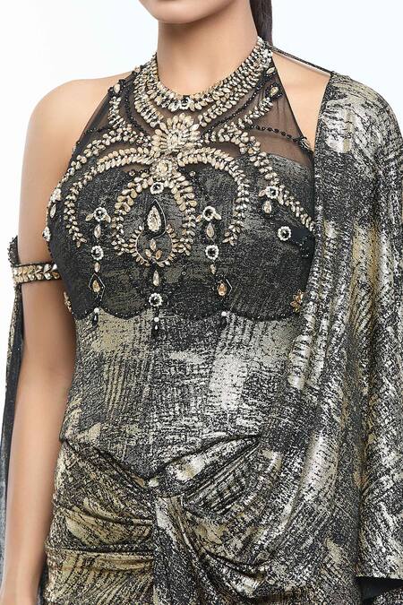 Tarun Tahiliani Black Tulle, Faux Leather Crystals Draped Concept Saree With Embellished Corset at Aza Fashions Tarun Tahiliani_Black Tulle, Faux Leather Crystals Draped Concept Saree With Embellished Corset_at_Aza_Fashions