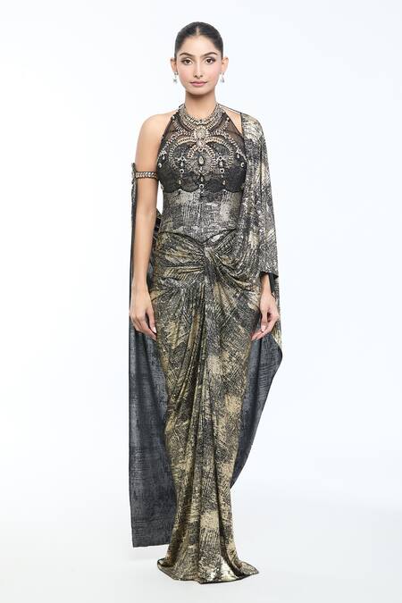 Buy Tarun Tahiliani Black Tulle, Faux Leather Crystals Draped Concept Saree With Embellished Corset Buy_Tarun Tahiliani_Black Tulle, Faux Leather Crystals Draped Concept Saree With Embellished Corset