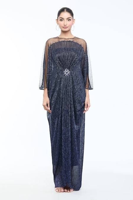 Buy_Tarun Tahiliani_Blue Crinkle Tulle Embroidered Brooch Dress Round Placed Draped_Online_at_Aza_Fashions