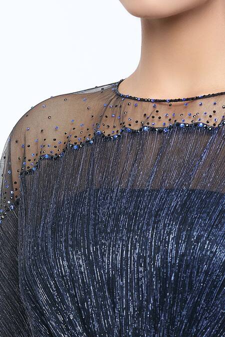 Shop_Tarun Tahiliani_Blue Crinkle Tulle Embroidered Brooch Dress Round Placed Draped_Online_at_Aza_Fashions