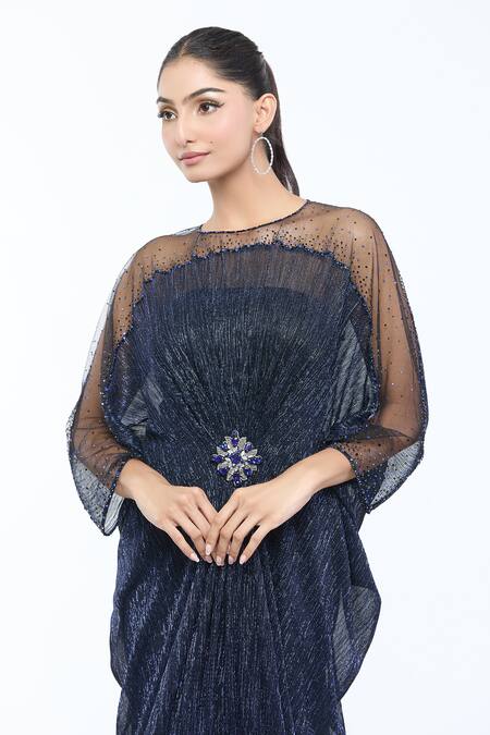 Shop_Tarun Tahiliani_Blue Crinkle Tulle Embroidered Brooch Dress Round Placed Draped