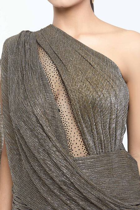 Tarun Tahiliani_Gold Crepe, Tulle, Net Crystals One Shoulder Embellished Draped Dress_Online_at_Aza_Fashions