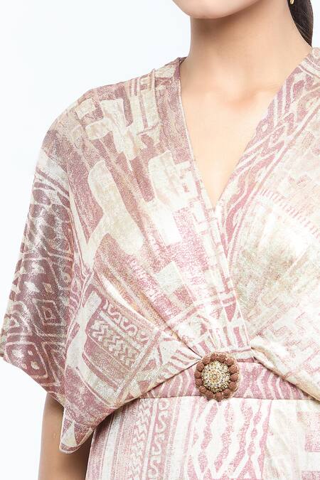 Buy Tarun Tahiliani Pink Foil Jersey Printed Geometric Overlapping V Neck Pattern Flared Jumpsuit Online at Aza Fashions Buy_Tarun Tahiliani_Pink Foil Jersey Printed Geometric Overlapping V Neck Pattern Flared Jumpsuit_Online_at_Aza_Fashions