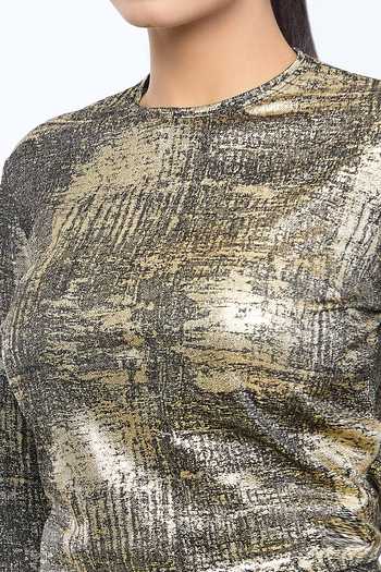 Buy_Tarun Tahiliani_Black Foil Jersey Round Metallic T-shirt And Flared Trouser Co-ord Set_Online_at_Aza_Fashions