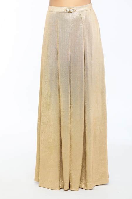 Shop_Tarun Tahiliani_Gold Jersey Brooches Round Neck Metallic T-shirt With Flared Trouser Co-ord Set _Online_at_Aza_Fashions