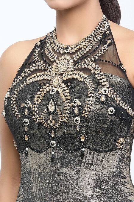 Buy_Tarun Tahiliani_Black Tulle, Jersey Crystals Collared Embellished Corset With Draped Trouser Set_Online_at_Aza_Fashions