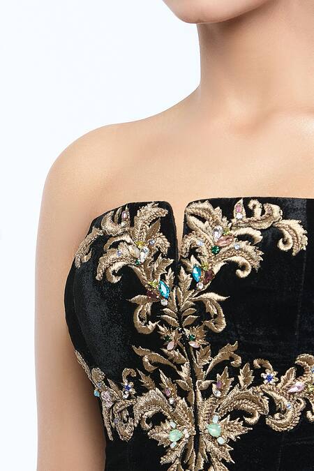 Buy_Tarun Tahiliani_Black Velvet, Satin, Organza Crystals, Embroidery Corset And Flared Skirt Set _Online_at_Aza_Fashions