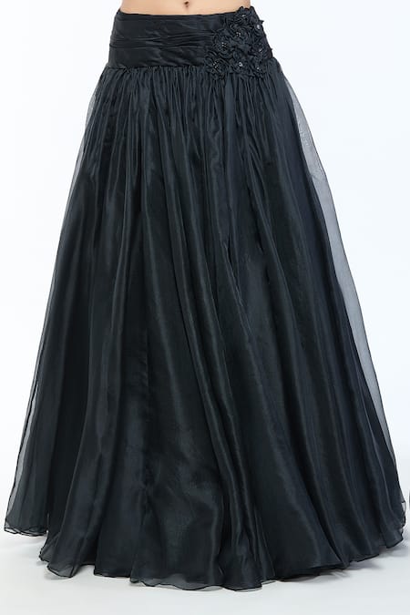Shop_Tarun Tahiliani_Black Velvet, Satin, Organza Crystals, Embroidery Corset And Flared Skirt Set _Online_at_Aza_Fashions