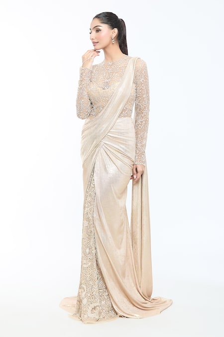 Tarun Tahiliani Ivory Bodysuit Tulle Hand Embroidery Floral Pre-draped Concept Saree And Set 