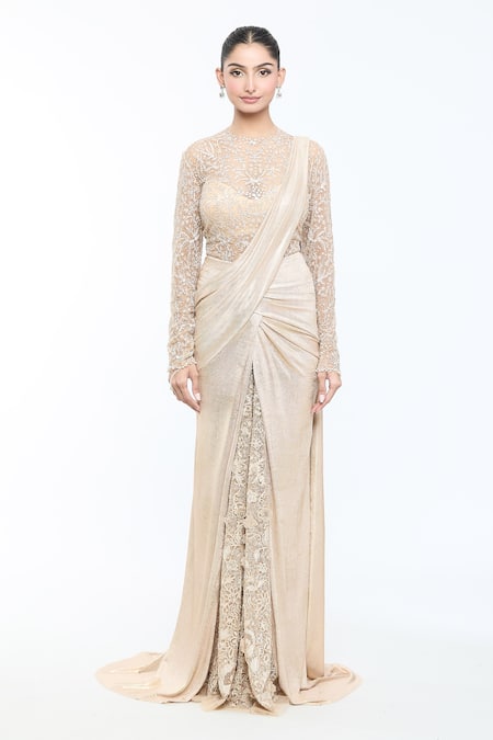 Shop_Tarun Tahiliani_Ivory Tulle, Silk Sequins, Crystals, Pre-draped Concept Saree And Bodysuit Set _Online_at_Aza_Fashions