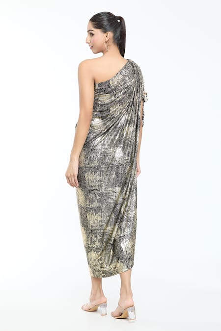 Tarun Tahiliani Foil Print Draped Dress 