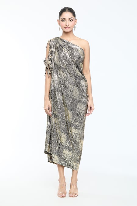 Tarun Tahiliani_Gold Jersey Crystals Asymmetric Foil Print Draped Dress _Online_at_Aza_Fashions