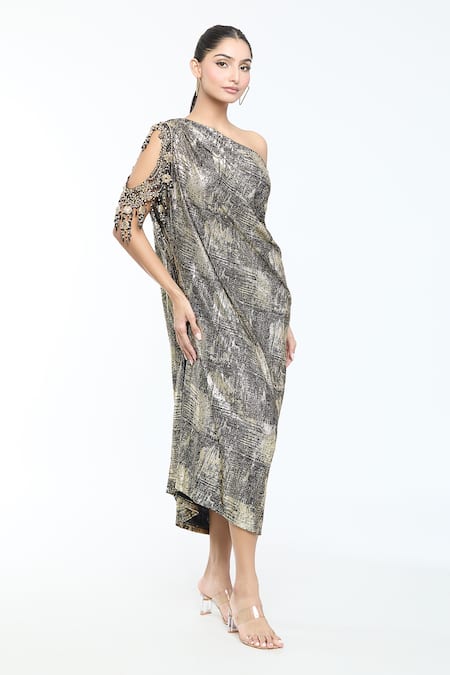 Buy_Tarun Tahiliani_Gold Jersey Crystals Asymmetric Foil Print Draped Dress _Online_at_Aza_Fashions