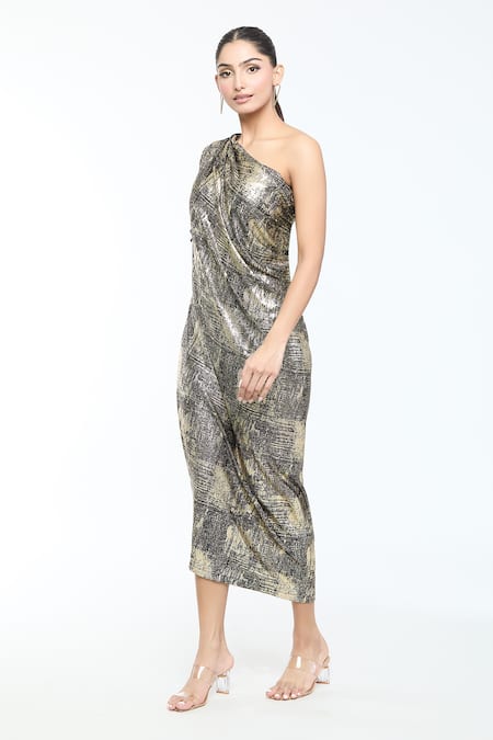 Shop_Tarun Tahiliani_Gold Jersey Crystals Asymmetric Foil Print Draped Dress _Online_at_Aza_Fashions
