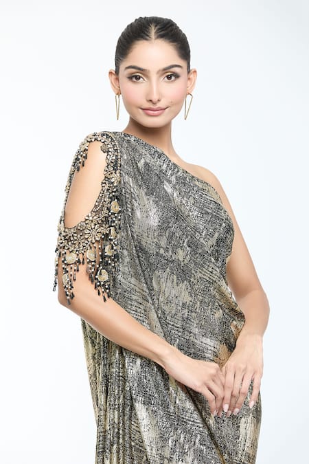 Tarun Tahiliani_Gold Jersey Crystals Asymmetric Foil Print Draped Dress _at_Aza_Fashions