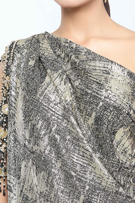 Buy_Tarun Tahiliani_Gold Jersey Crystals Asymmetric Foil Print Draped Dress 