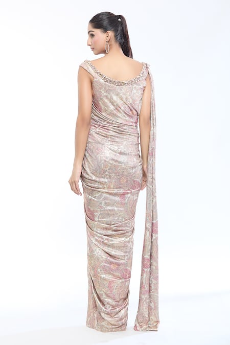 Tarun Tahiliani Crystal Embellished Flower Print Saree Gown 