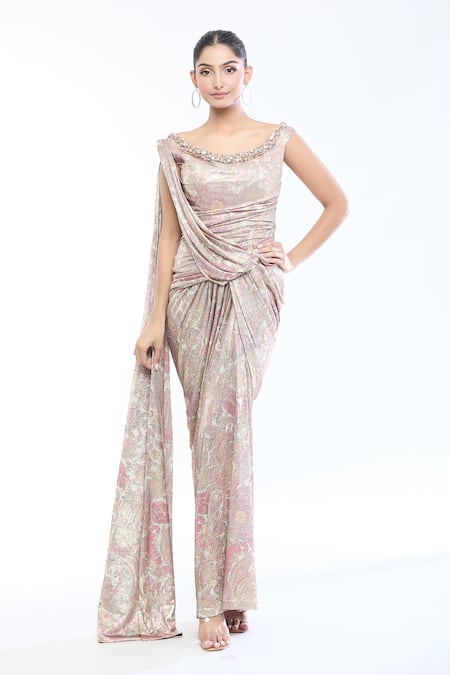 Tarun Tahiliani_Gold Jersey Crystals, Embroidery Scoop Neck Embellished Flower Print Saree Gown _Online_at_Aza_Fashions