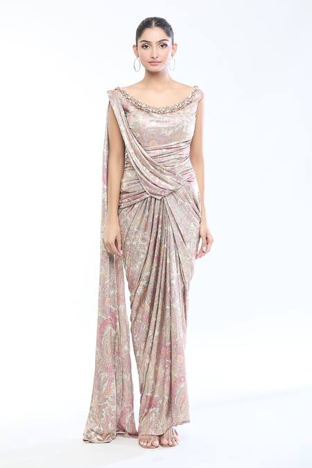 Buy_Tarun Tahiliani_Gold Jersey Crystals, Embroidery Scoop Neck Embellished Flower Print Saree Gown _Online_at_Aza_Fashions