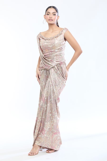 Shop_Tarun Tahiliani_Gold Jersey Crystals, Embroidery Scoop Neck Embellished Flower Print Saree Gown _Online_at_Aza_Fashions