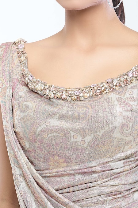 Buy_Tarun Tahiliani_Gold Jersey Crystals, Embroidery Scoop Neck Embellished Flower Print Saree Gown 