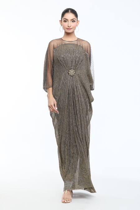 Tarun Tahiliani Gold Crinkle Tulle Embroidery Brooch Dress Round Placed Draped Online at Aza Fashions Tarun Tahiliani_Gold Crinkle Tulle Embroidery Brooch Dress Round Placed Draped _Online_at_Aza_Fashions