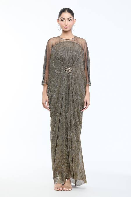 Shop Tarun Tahiliani Gold Crinkle Tulle Embroidery Brooch Dress Round Placed Draped Online at Aza Fashions Shop_Tarun Tahiliani_Gold Crinkle Tulle Embroidery Brooch Dress Round Placed Draped _Online_at_Aza_Fashions