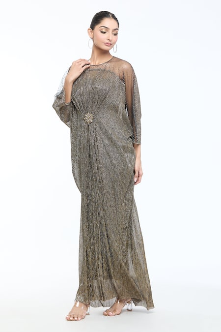 Tarun Tahiliani Gold Crinkle Tulle Embroidery Brooch Dress Round Placed Draped at Aza Fashions Tarun Tahiliani_Gold Crinkle Tulle Embroidery Brooch Dress Round Placed Draped _at_Aza_Fashions