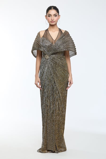 Buy_Tarun Tahiliani_Gold Crepe, Tulle Brooches Plunge Neck Placement Embroidered Draped Dress _Online_at_Aza_Fashions