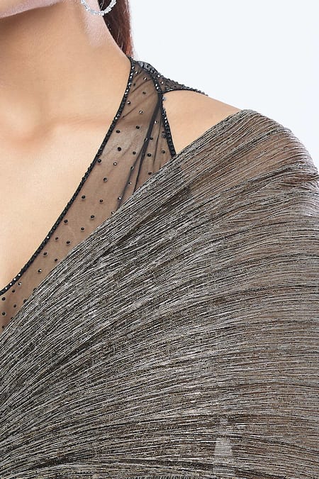 Tarun Tahiliani_Gold Crepe, Tulle Brooches Plunge Neck Placement Embroidered Draped Dress _at_Aza_Fashions