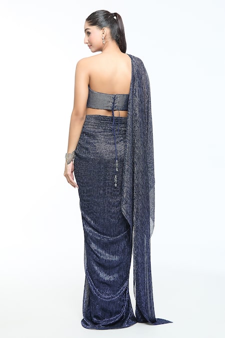 Shop_Tarun Tahiliani_Blue Tulle, Crepe Stones Pre-draped Concept Saree With Embellished Bustier _at_Aza_Fashions