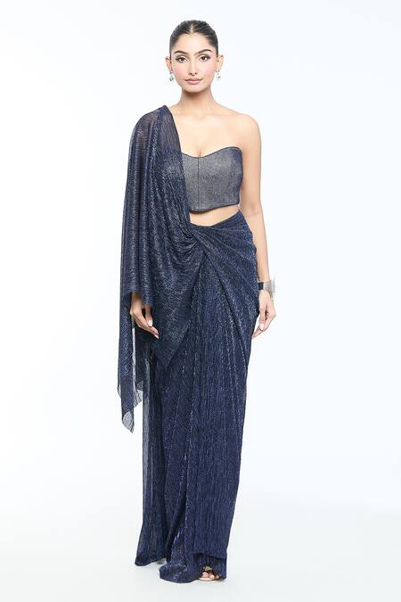 Tarun Tahiliani_Blue Tulle, Crepe Stones Pre-draped Concept Saree With Embellished Bustier _Online_at_Aza_Fashions