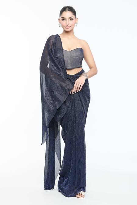 Buy_Tarun Tahiliani_Blue Tulle, Crepe Stones Pre-draped Concept Saree With Embellished Bustier _Online_at_Aza_Fashions